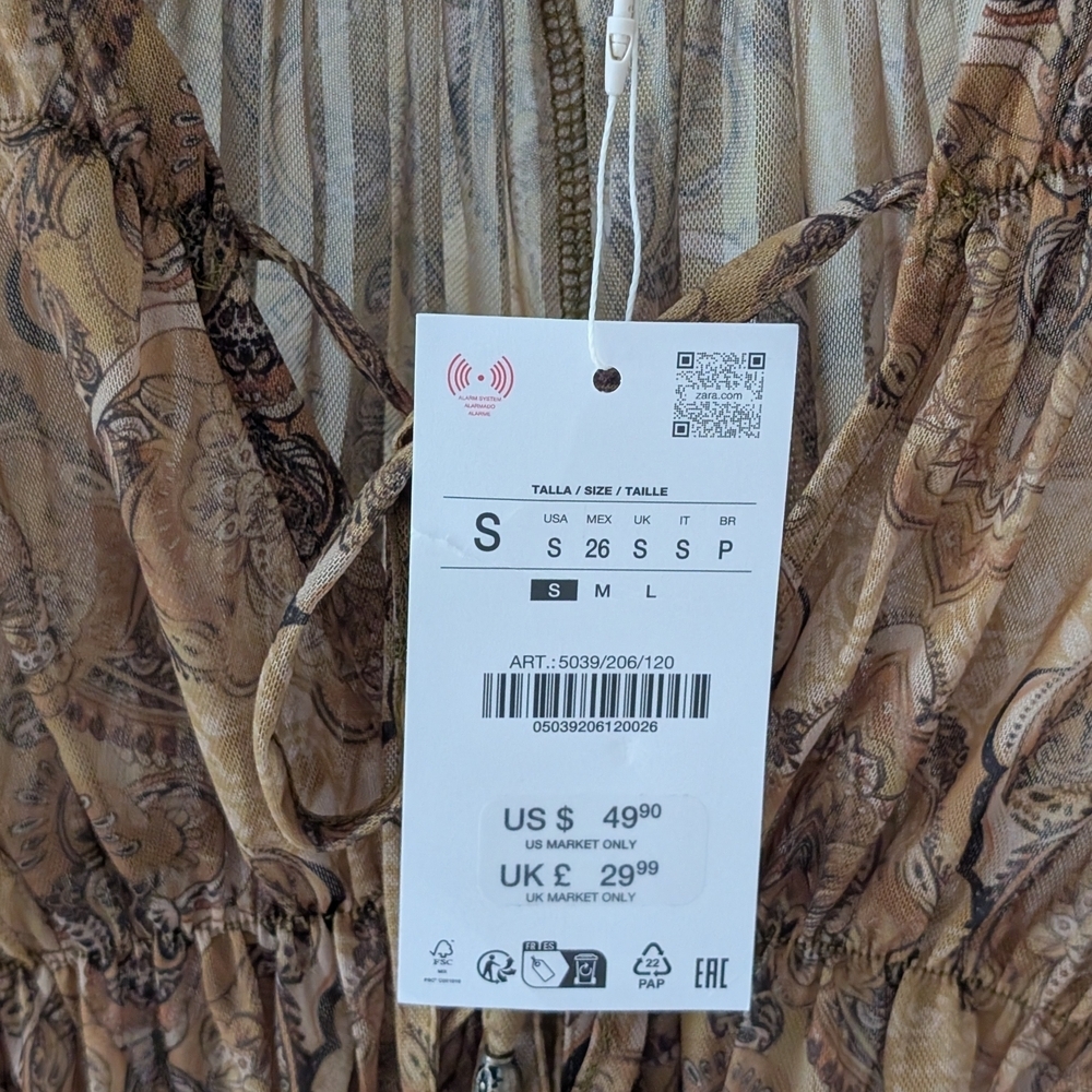 NWT ZARA Floral Sheer Patterned Tie-Front Blouse In Tan/Gold - S - Picture 11 of 11